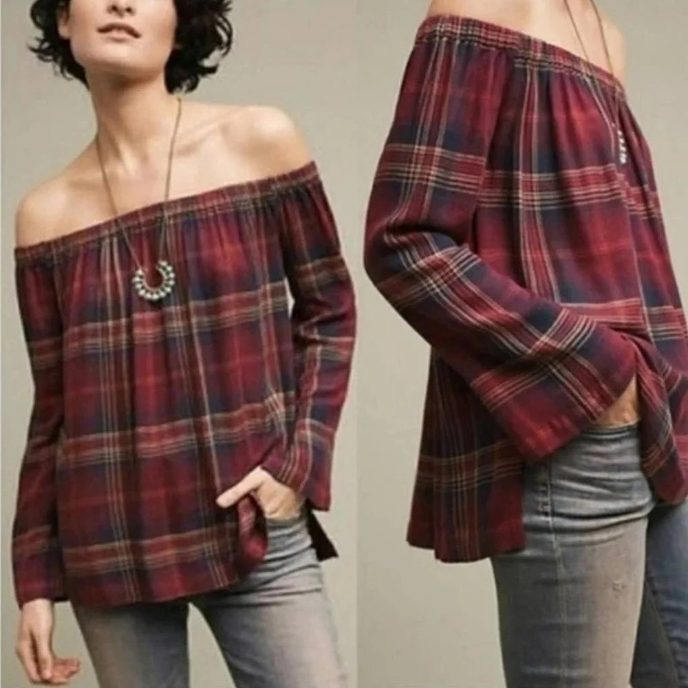 🦋 Anthropologie Cloth & Stone Plaid Off Shoulder Top XS